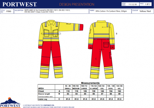 Combinezon Bizflame Work Hi-Vis, galben, regular, Portwest